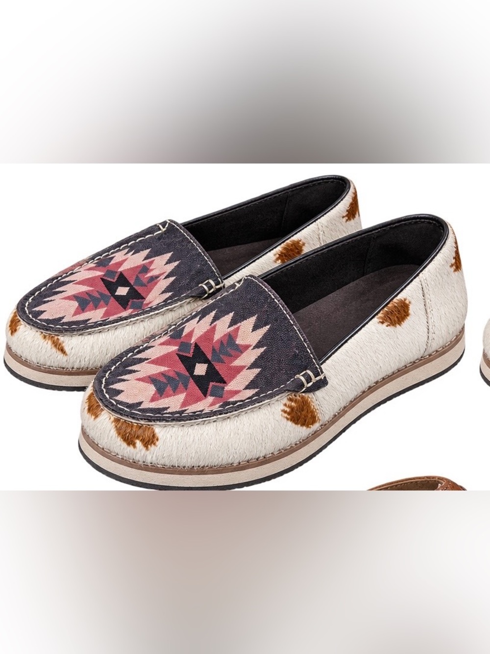 Women’s Pattern Slip-On Loafers in Black, White and Brown real cowhide western